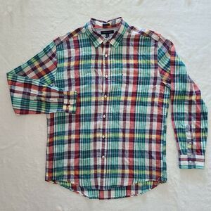 Tommy Hilfiger Men's Plaid Long Sleeve Button Down Shirt Size Large Linen Cotton